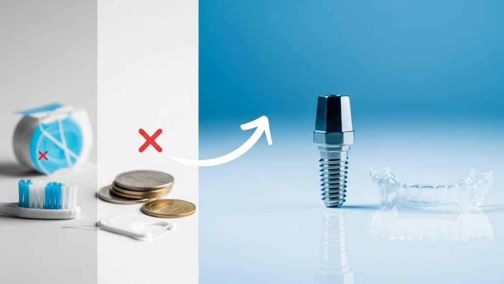 Split-screen graphic illustrating dental implant marketing strategies, showing a transition from basic cleaning tools to high-value titanium implants and Invisalign aligners with an upward growth arrow.