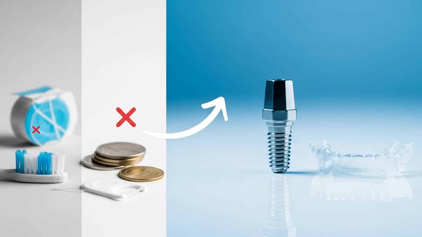 Split-screen graphic illustrating dental implant marketing strategies, showing a transition from basic cleaning tools to high-value titanium implants and Invisalign aligners with an upward growth arrow.