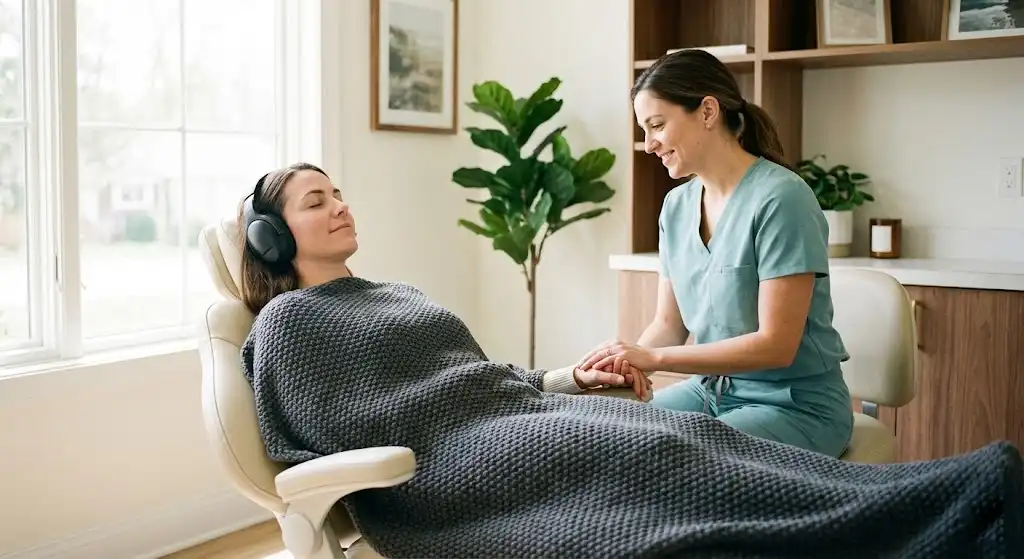 [A warm photograph of a relaxed dental patient wearing noise-canceling headphones and a weighted blanket, holding hands with a smiling dentist in a calming environment.] Illustrating comfort-focused dentistry designed to alleviate dental anxiety.