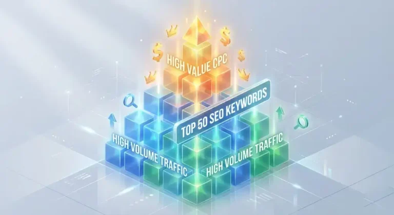 [A stylized 3D illustration visualizing the Top 50 SEO Keywords as a pyramid structure representing high value and high volume data blocks.] A conceptual data visualization showing the Top 50 SEO Keywords segmented into golden high-value blocks and blue high-traffic blocks.